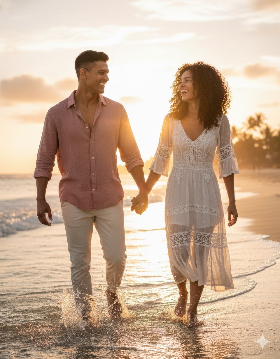 Romantic couple walking barefoot along the beach at sunset