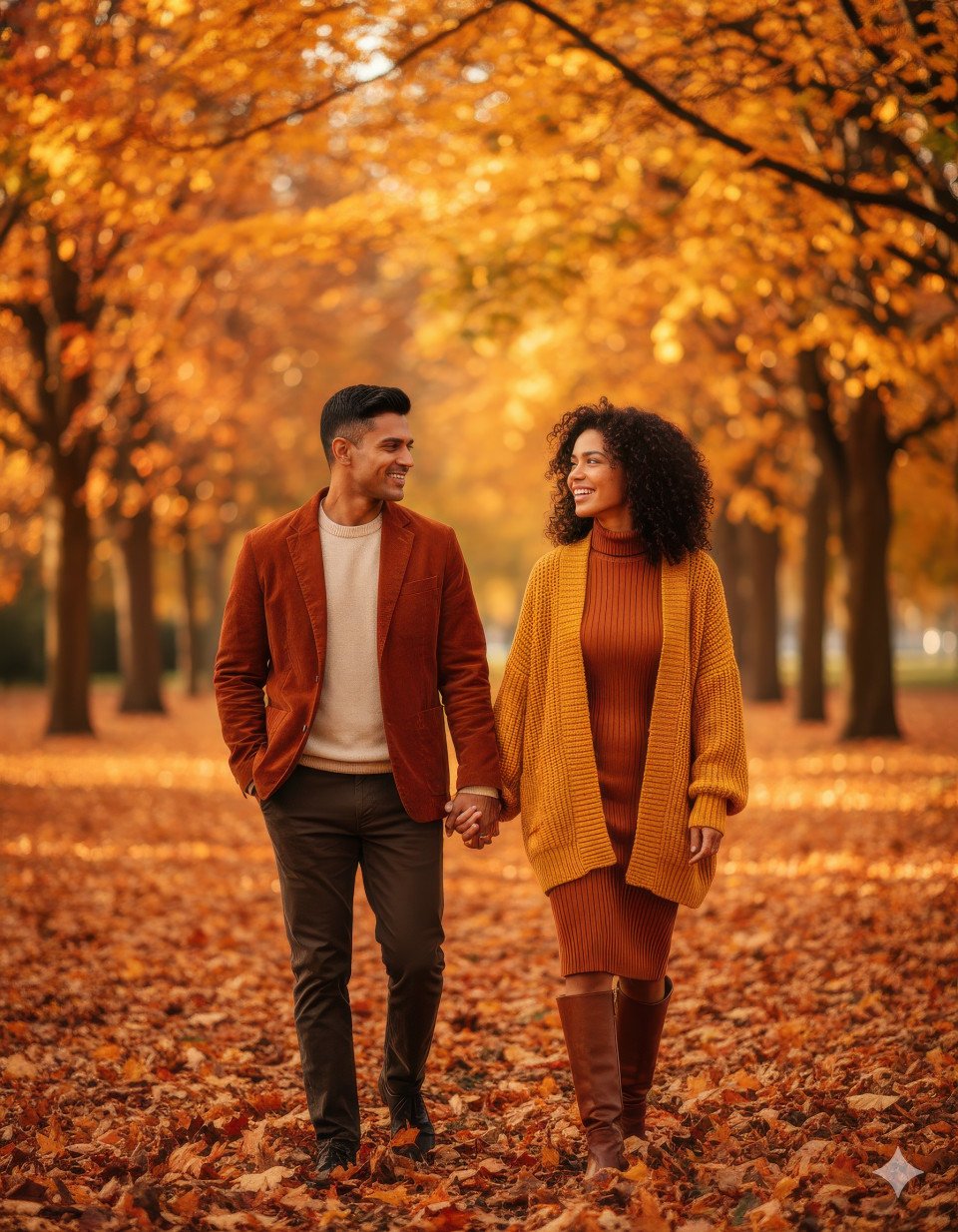 Couple walking hand in hand through autumn leaves