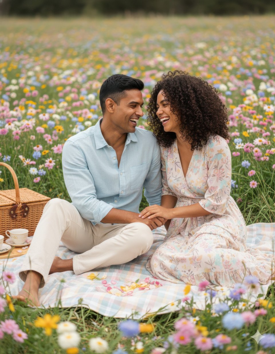 Joyful couple laughing together on picnic blanket in meadow