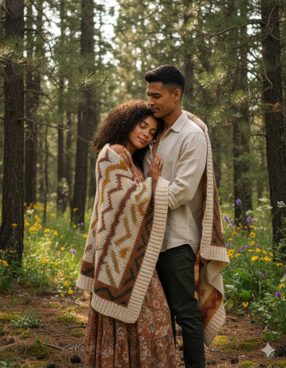 Free spirited couple embracing under tall pine trees in forest