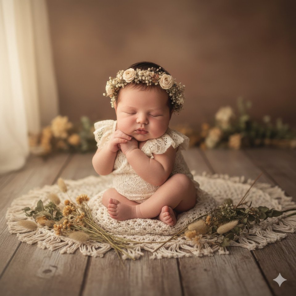 Newborn baby girl with flower crown and lace romper