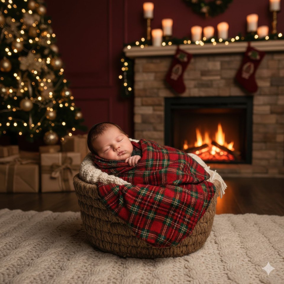 Newborn wrapped in plaid blanket near fireplace