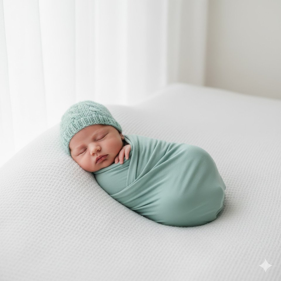 Newborn baby boy in mint swaddle with knitted hat
