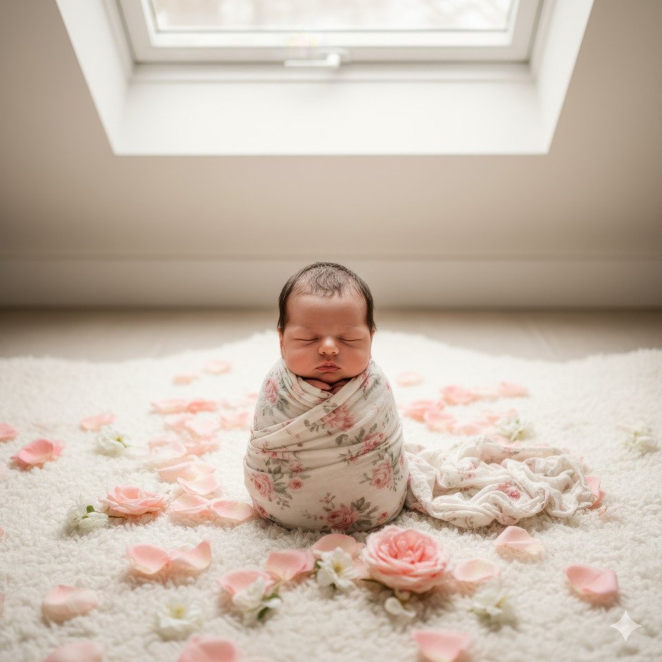 Newborn wrapped in floral muslin surrounded by petals