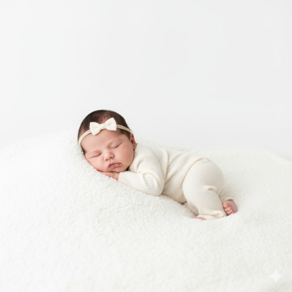 Newborn baby in ivory onesie on white backdrop
