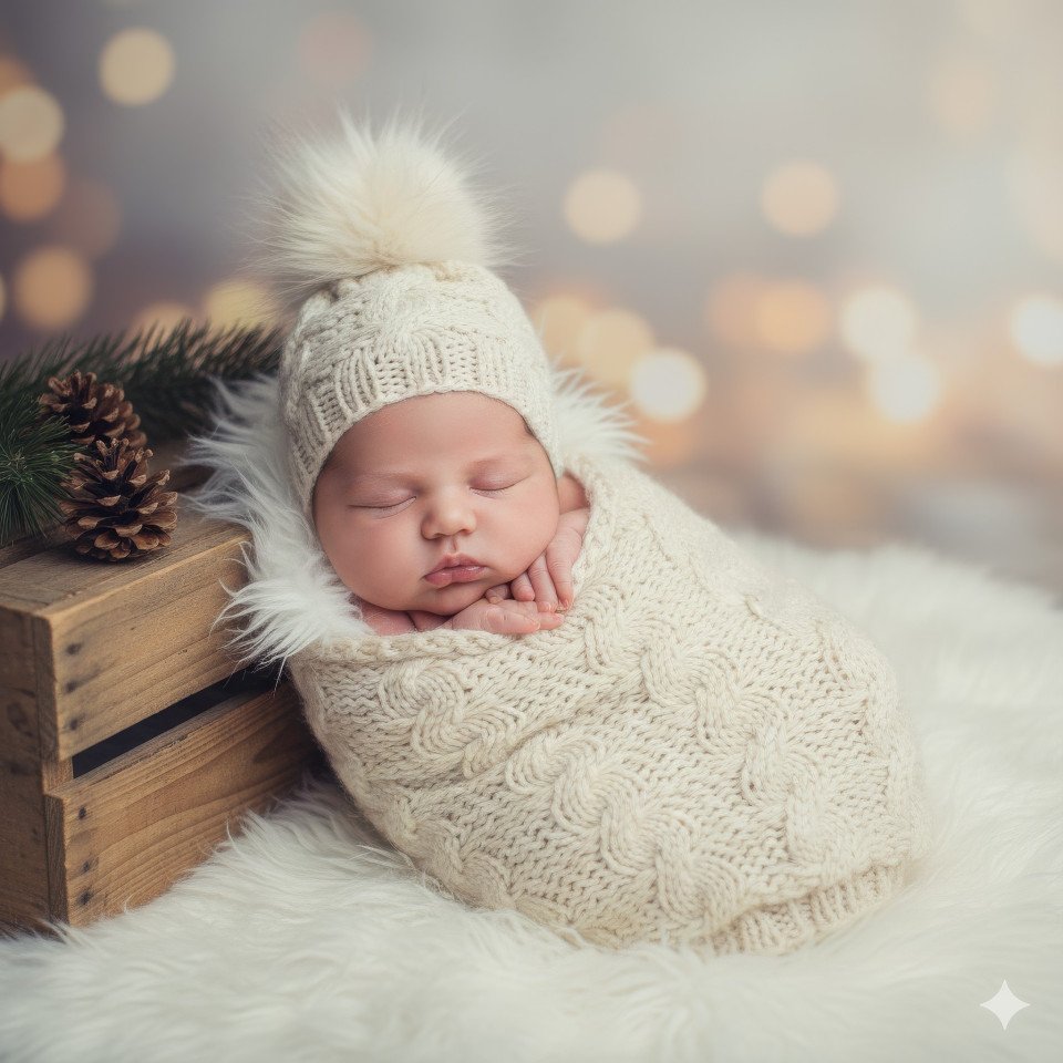 Newborn baby in wool cocoon with pom pom bonnet