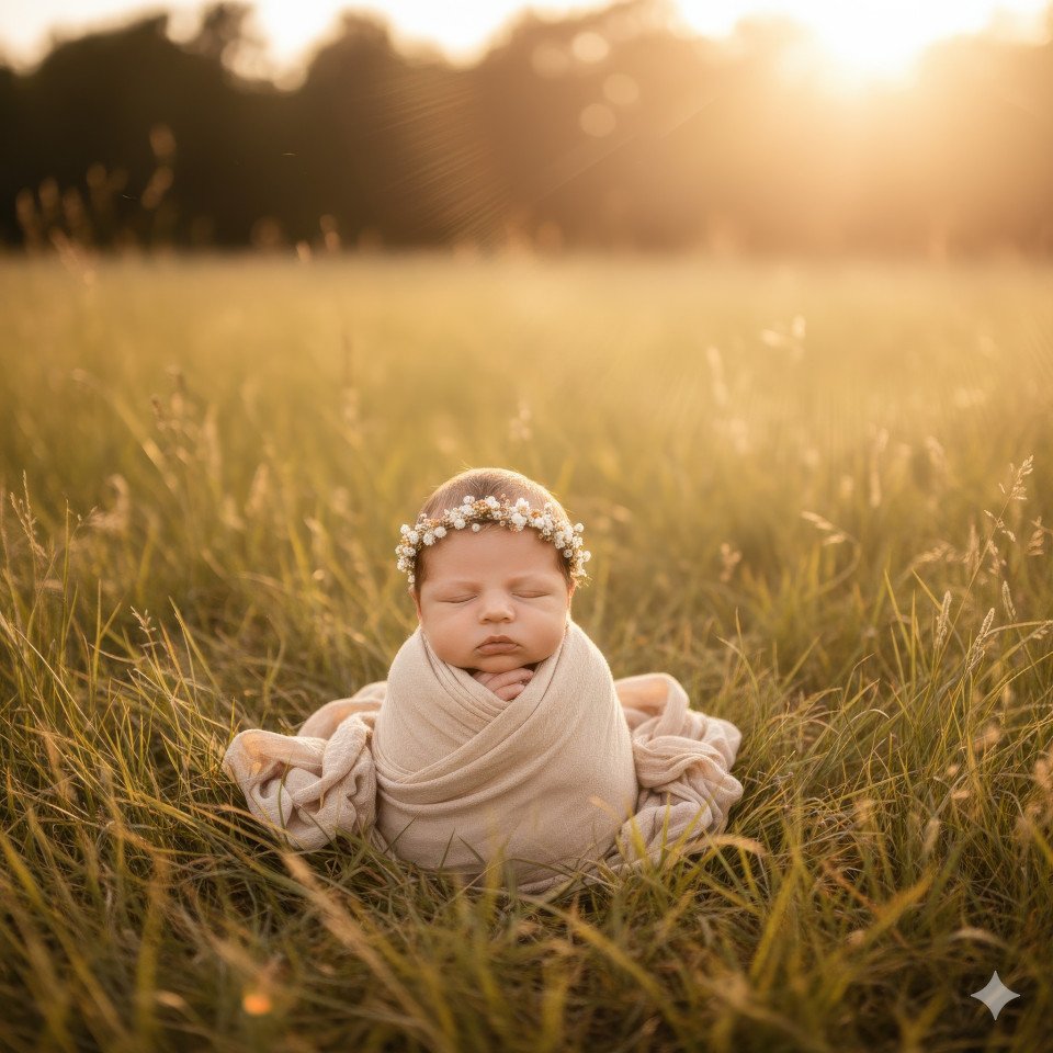 Newborn wrapped in beige muslin with flower crown