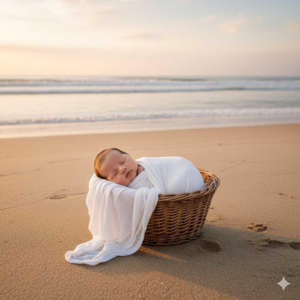 Newborn in linen swaddle at coastal sunrise