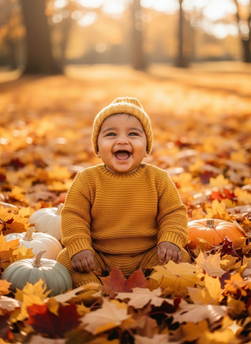 Baby in autumn leaves with pumpkins