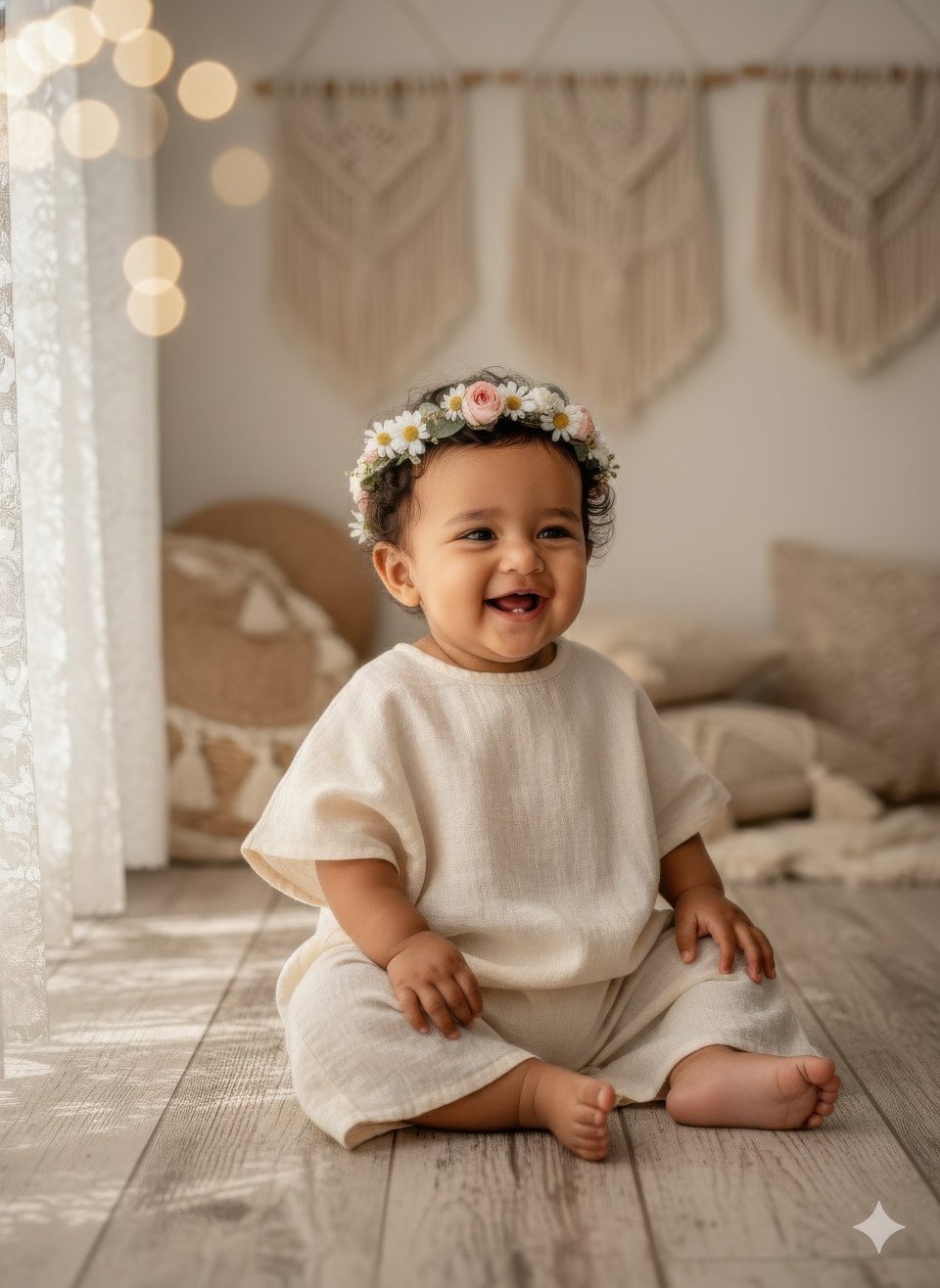 Baby with flower crown in rustic setup