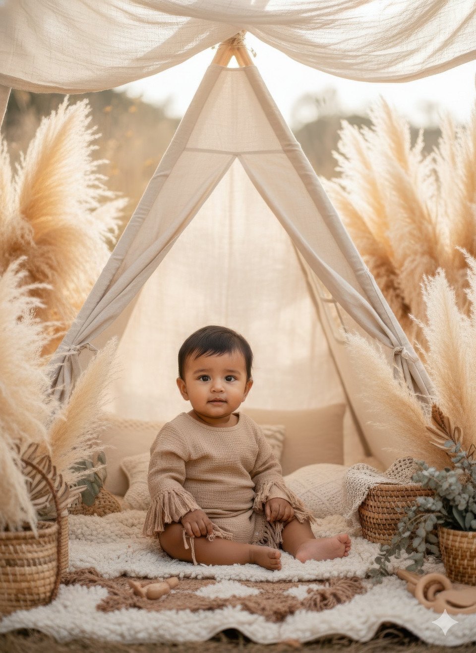 Baby in boho romper under teepee tent