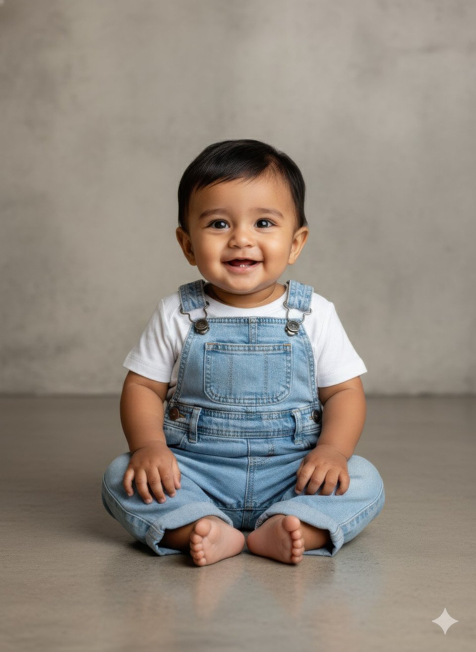 Baby boy in denim dungarees studio portrait