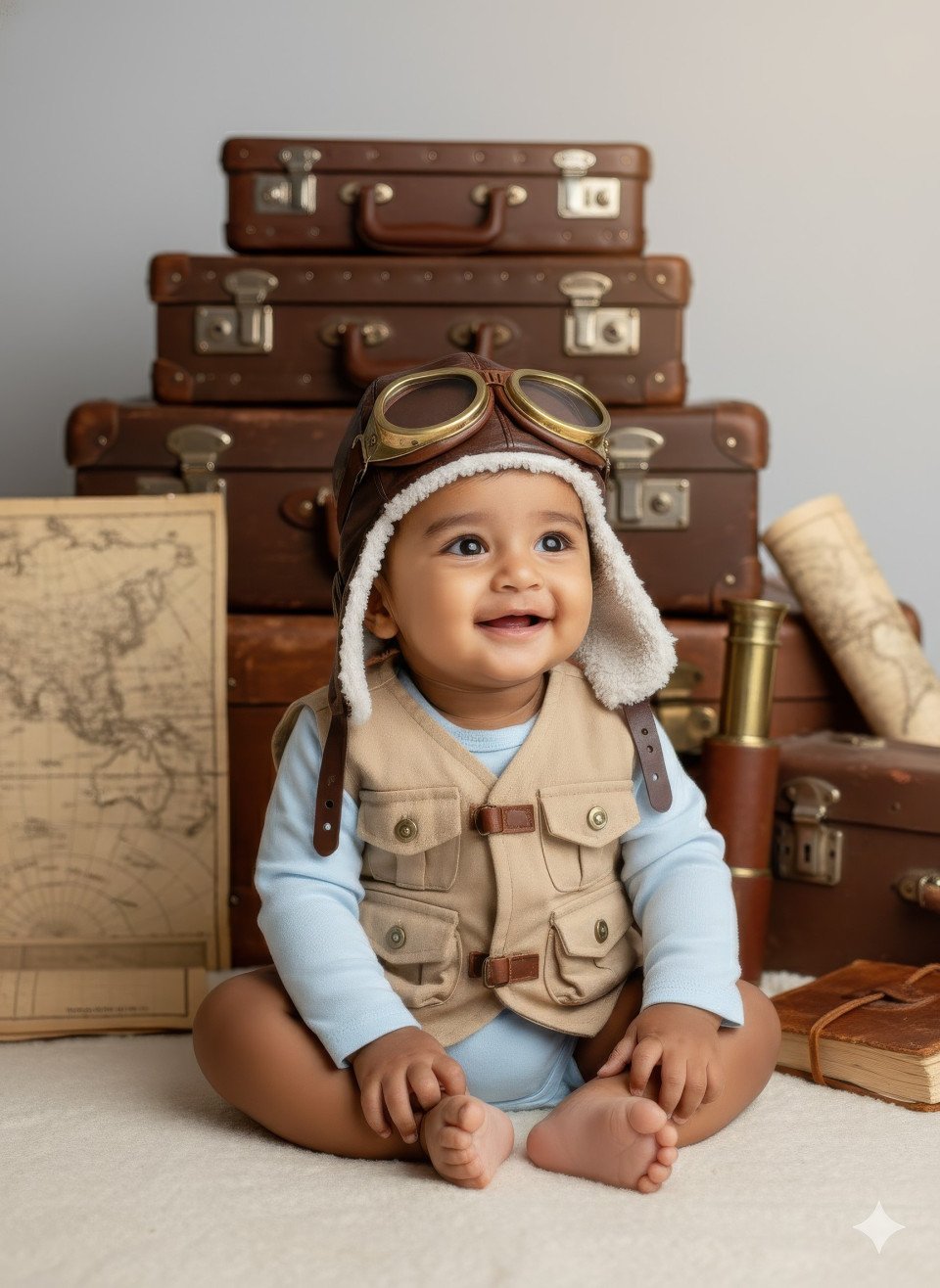Baby with aviator cap and travel props