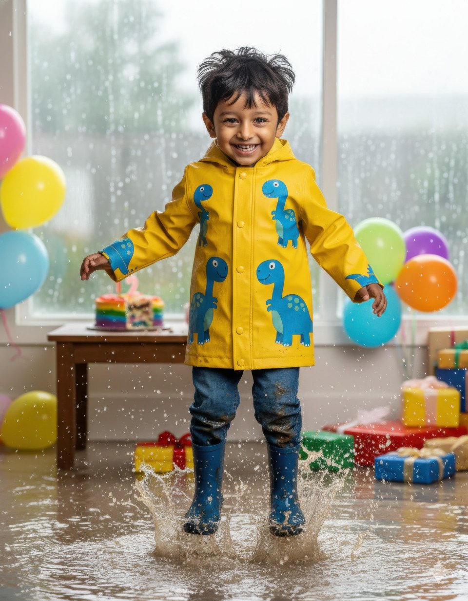 Boy jumping in puddles during birthday photoshoot