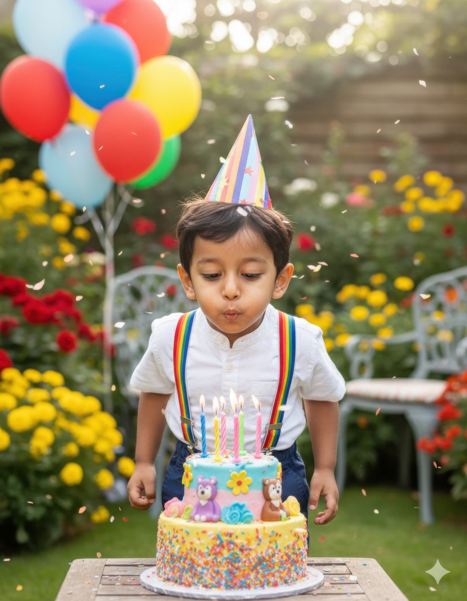Boy blowing out candles in garden birthday party