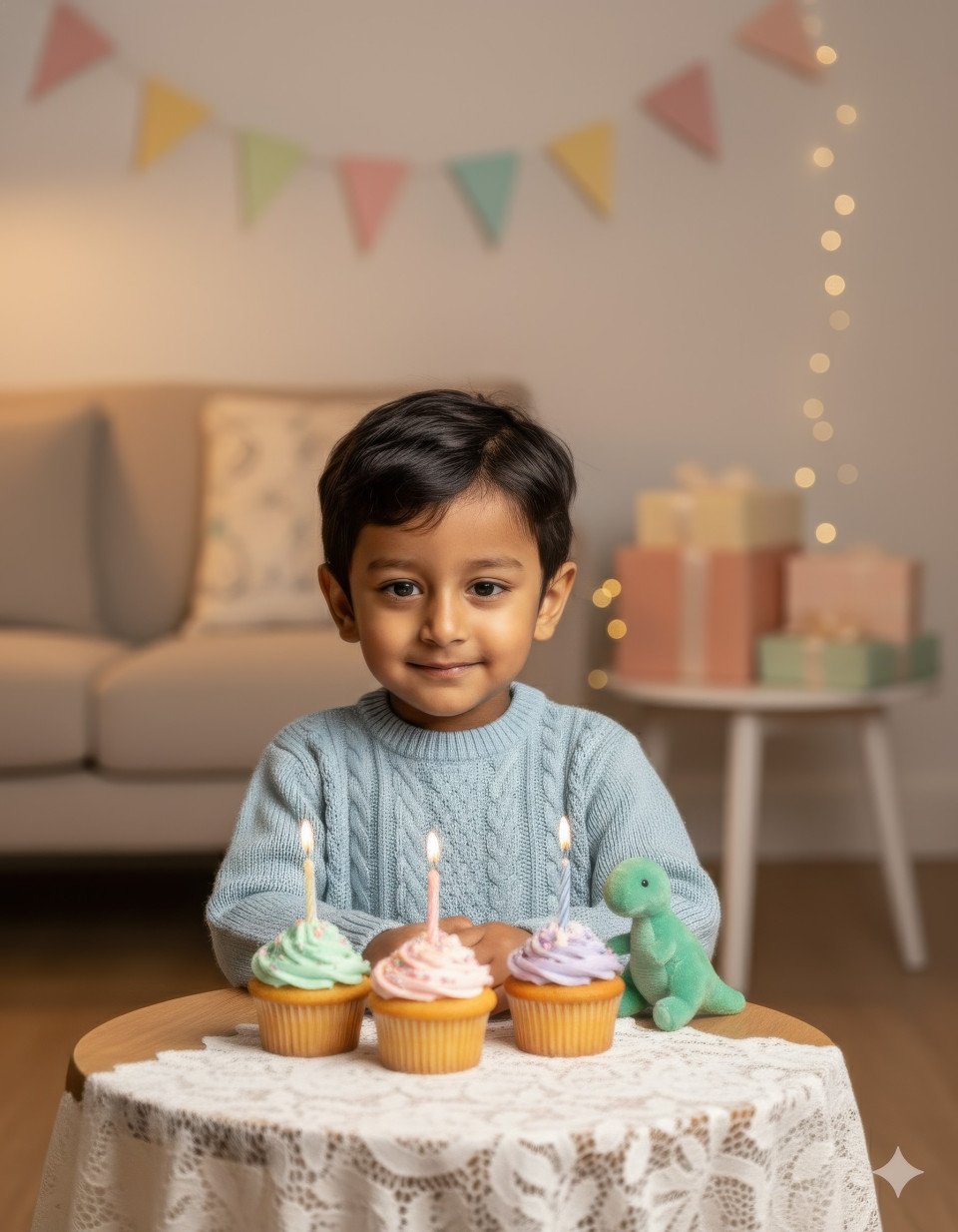 Shy boy at cozy birthday table with cupcakes