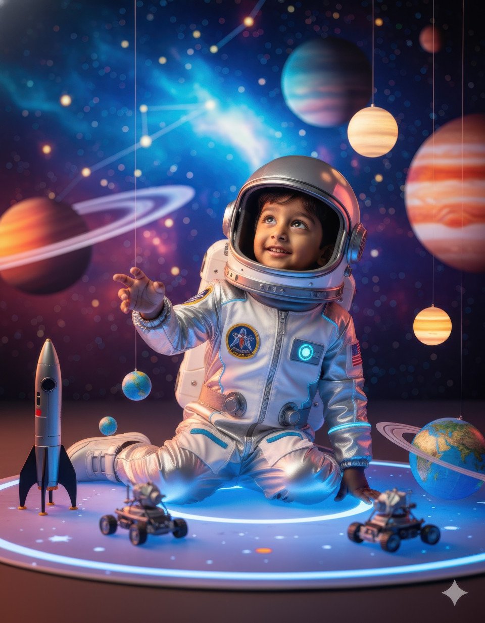 Boy in astronaut costume during space themed birthday