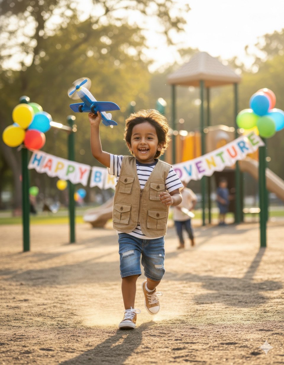 Boy running with toy airplane at birthday party