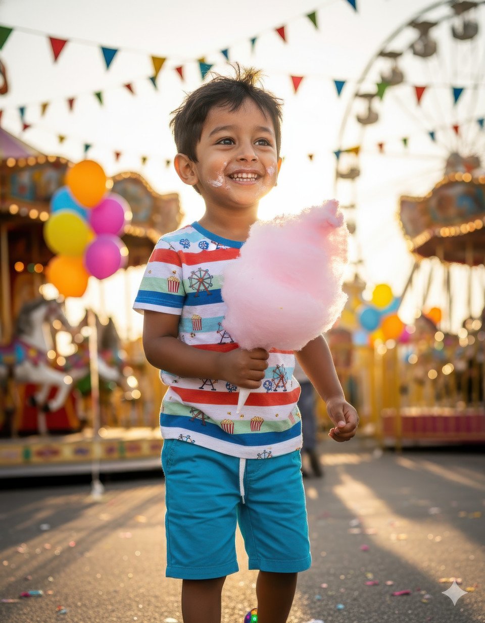 Boy enjoying cotton candy at carnival birthday