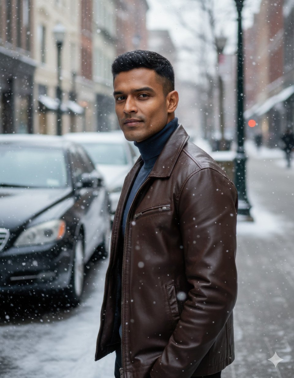 Stylish man in leather jacket standing in snowy shopping district at dusk