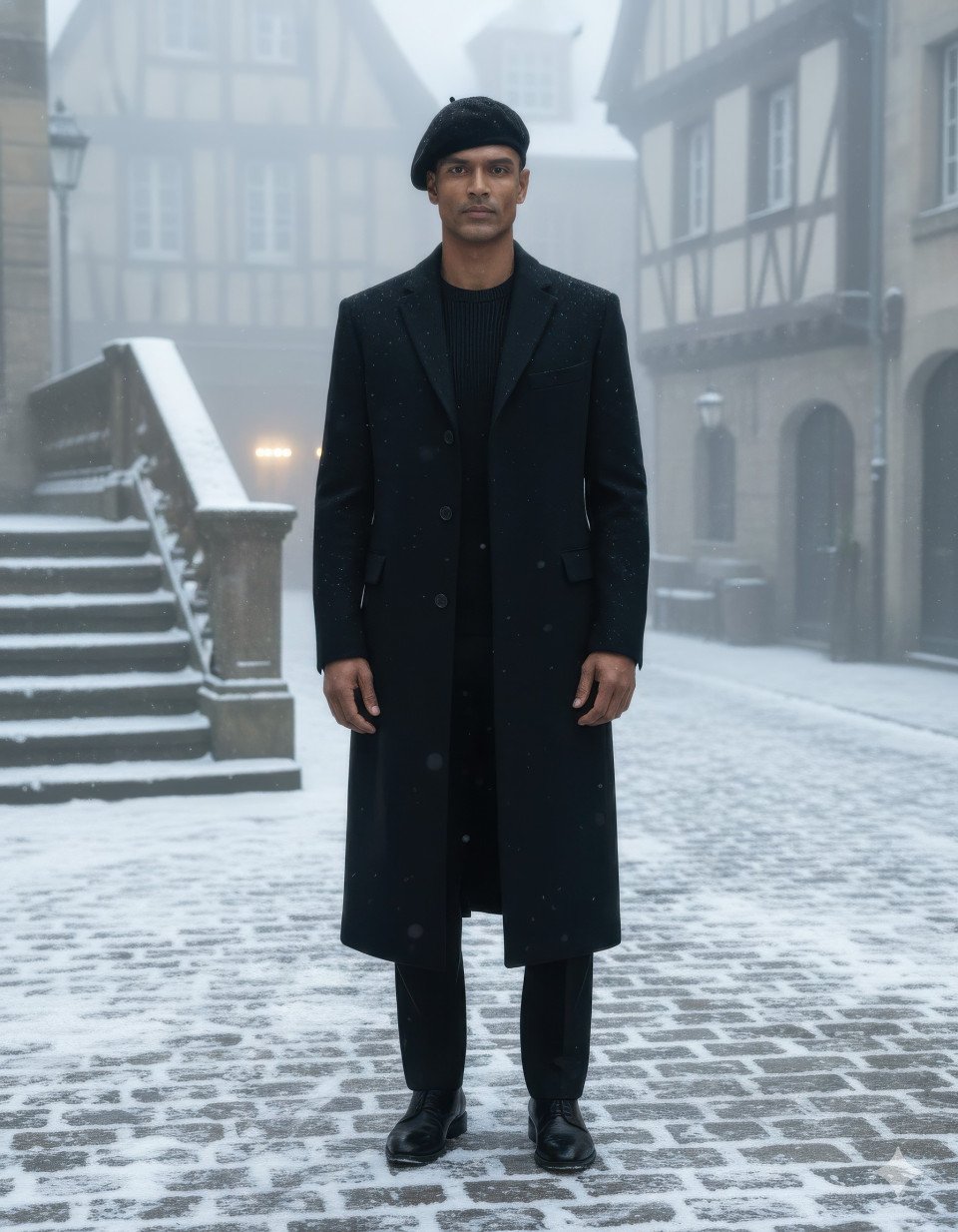 Stylish man in dark beret standing near stone steps in snowy old town