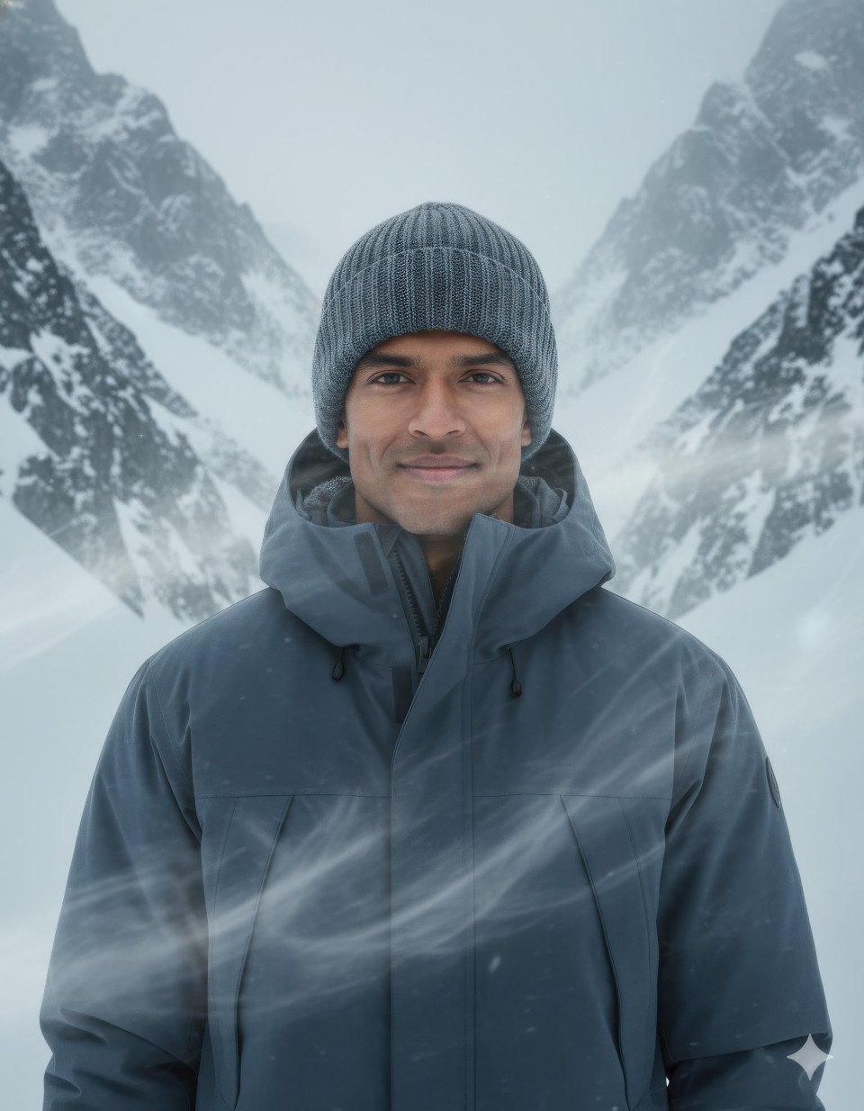 Man in wool beanie and long parka standing beside icy ridges in mountains