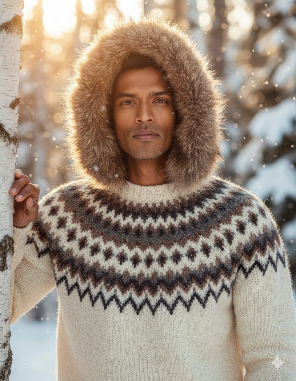 Man in fur hood sweater resting on birch tree in snowy woodland at sunset