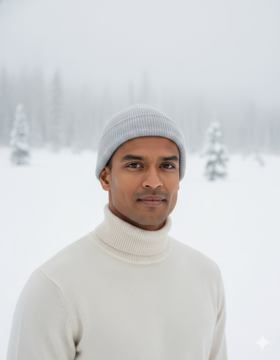 Close up portrait of man in knit cap and turtleneck in open snowy meadow