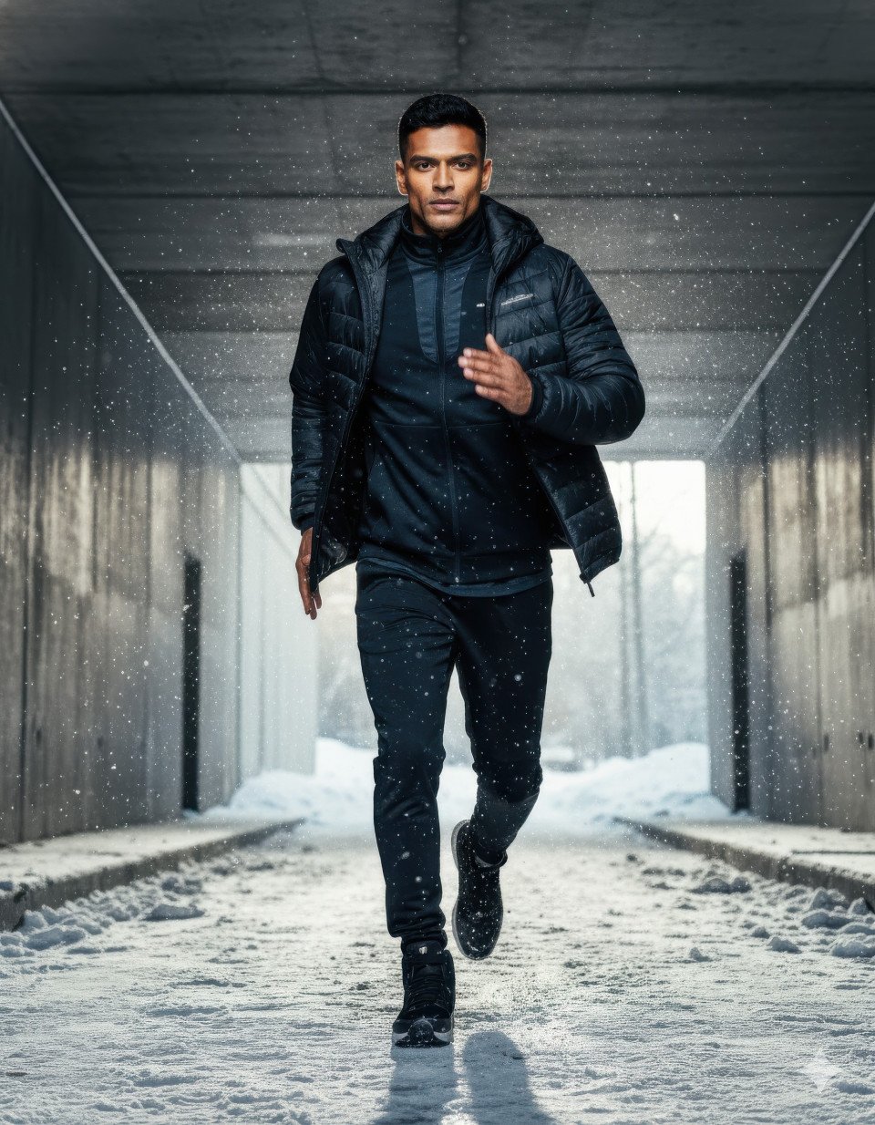 Athlete running through snowy urban underpass in winter sunlight