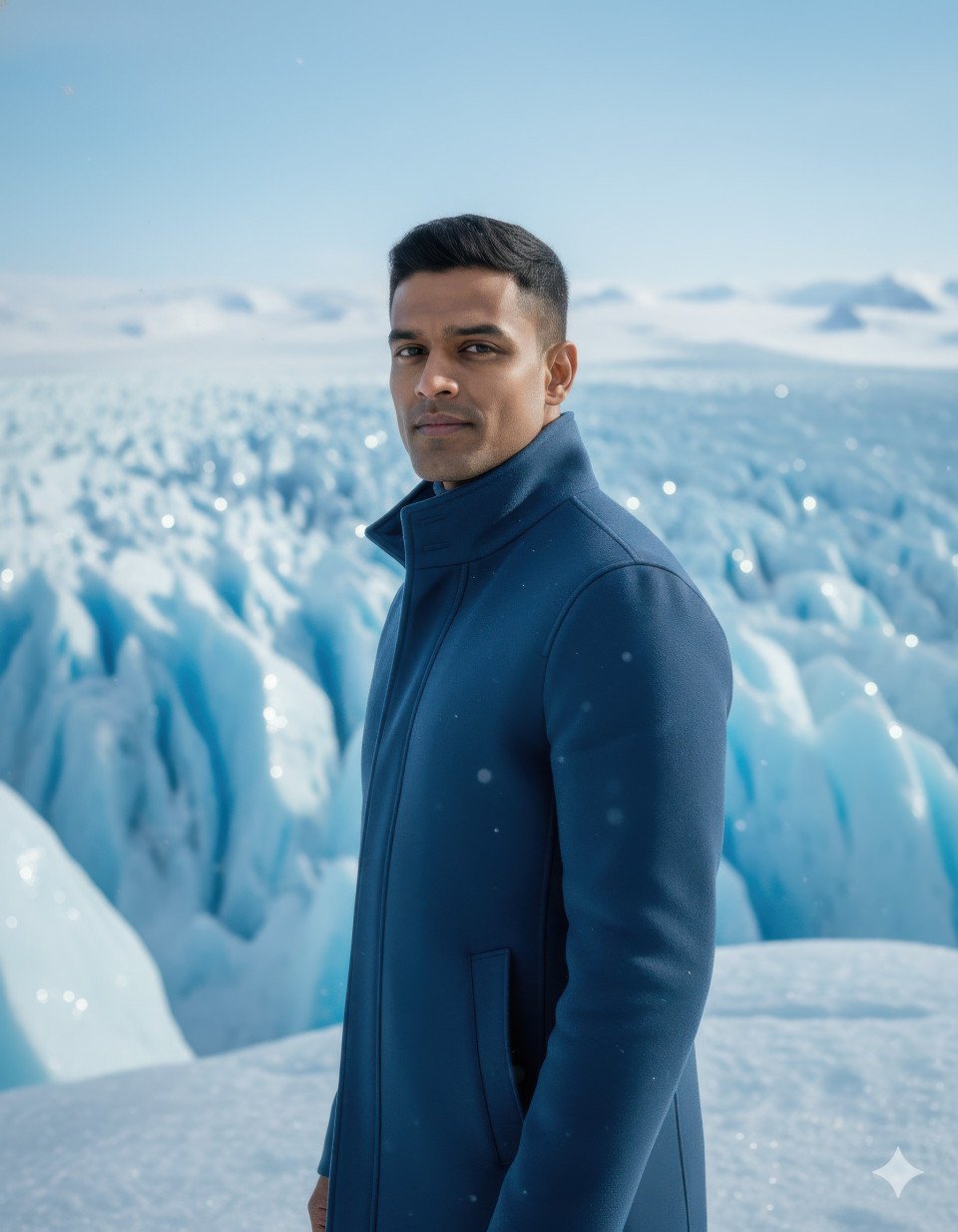 Man in high collar coat standing on glacier overlook in winter landscape