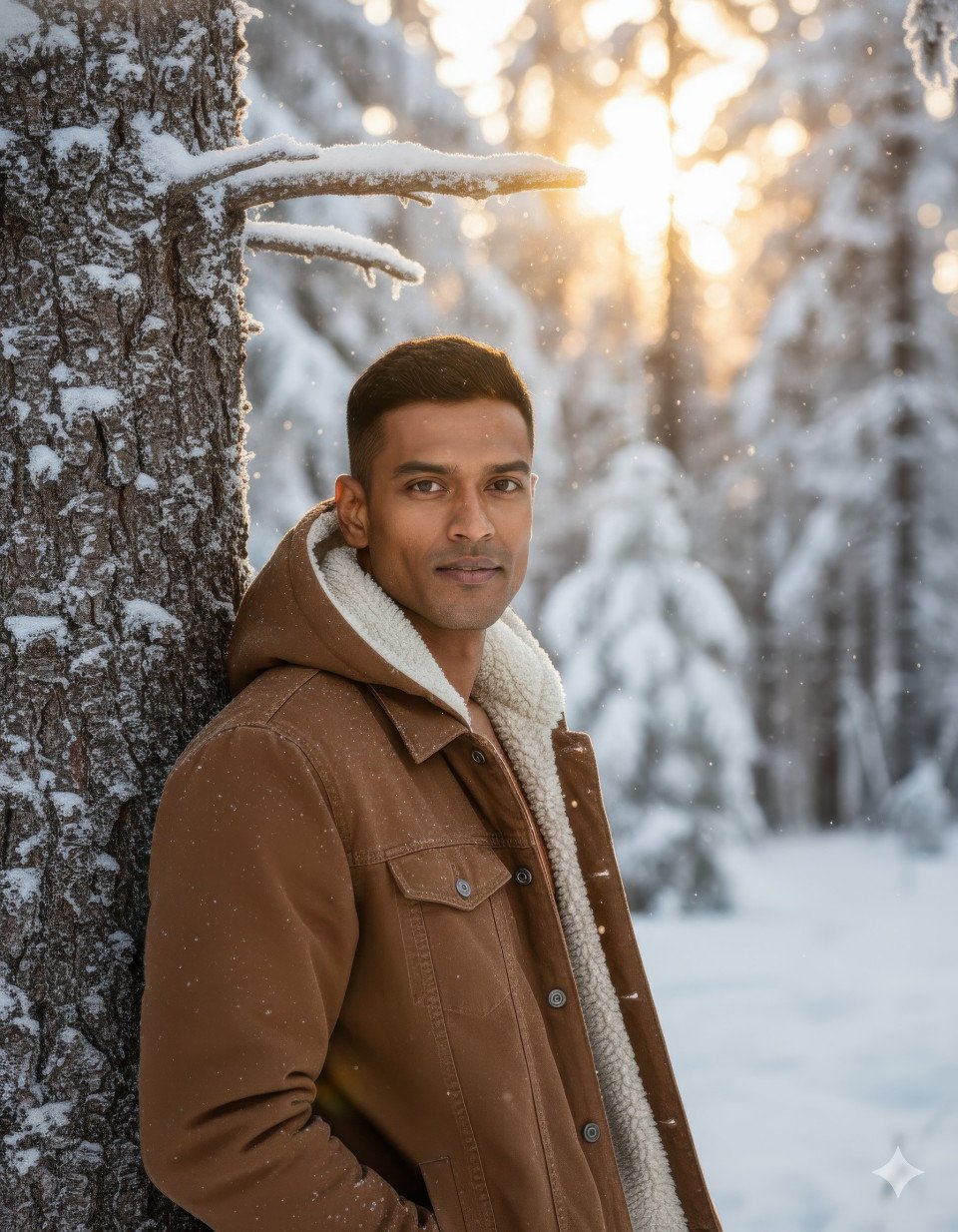 Man in sherpa jacket leaning against frosted tree in snowy forest at dusk
