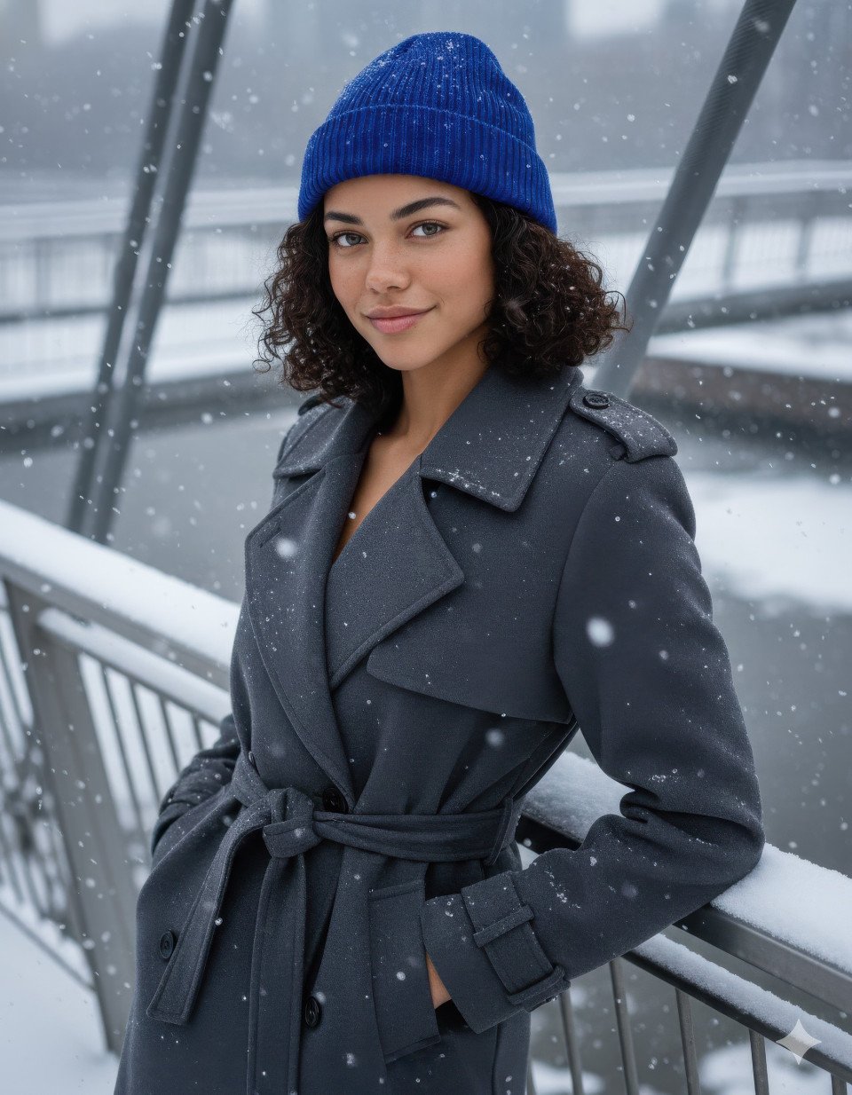 Confident woman in cobalt cap leaning on snowy urban bridge