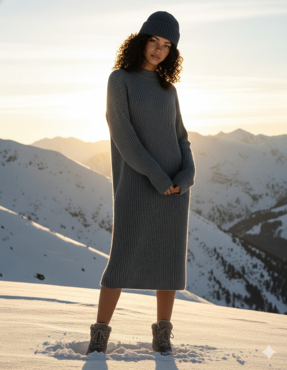 Woman in slate alpine cap posing on sunlit snowy ridge at low angle