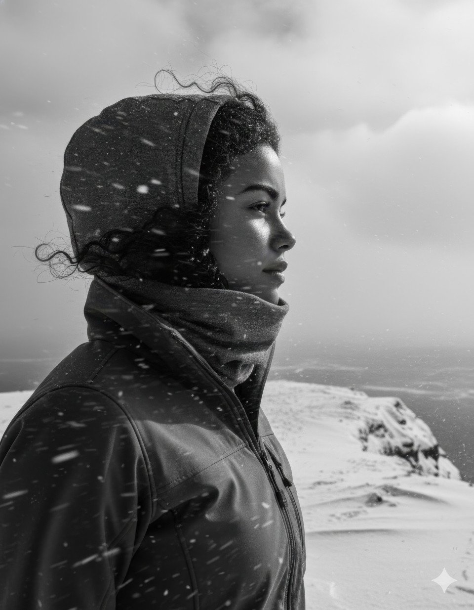 Woman in hood scarf looking over snowy cliff in dramatic low angle portrait