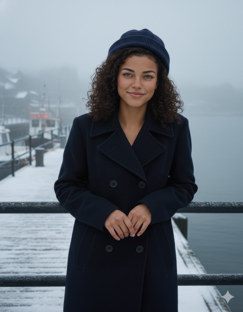 Woman in navy beanie leaning on railing at snowy harbor pier
