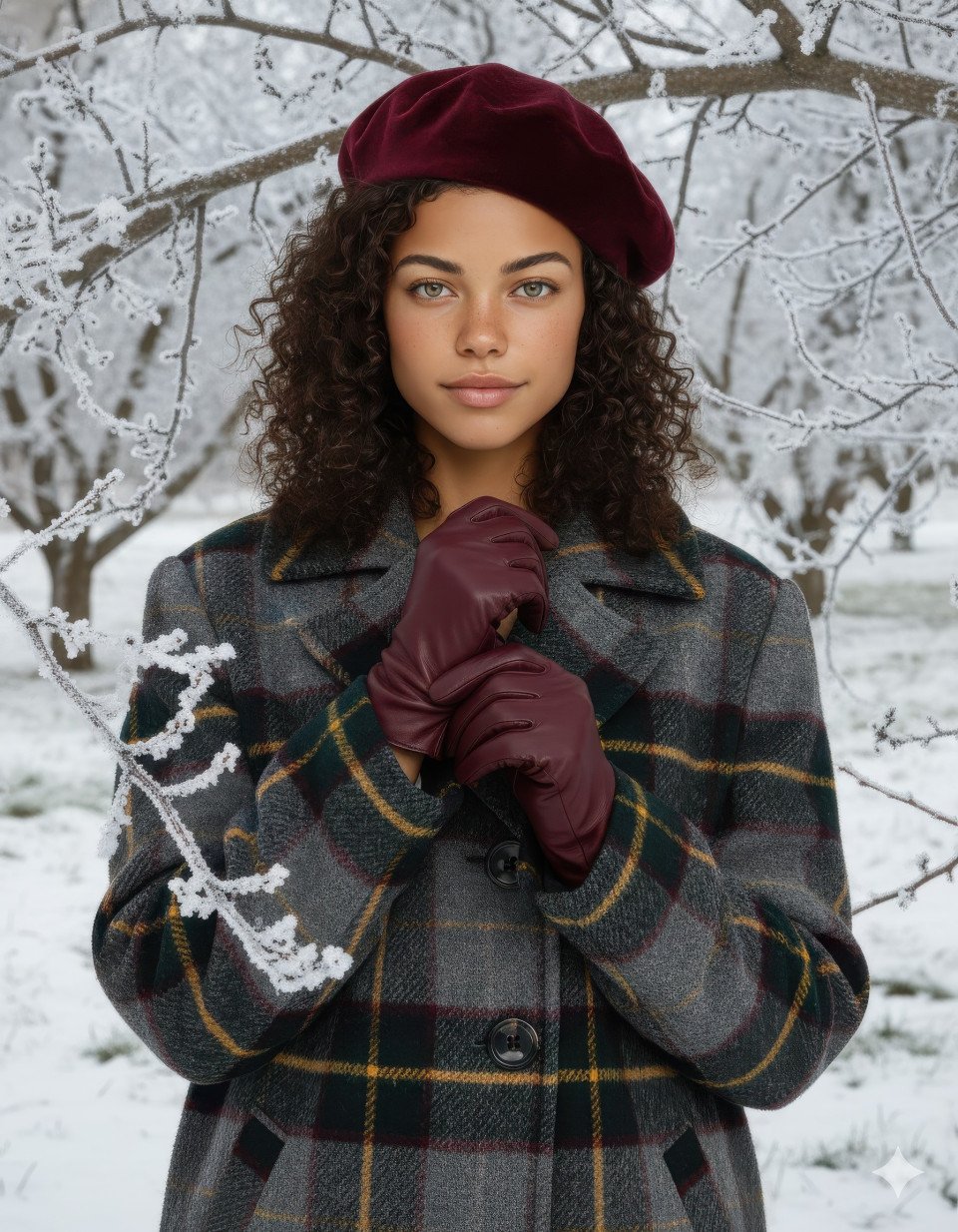 Woman adjusting gloves in burgundy beret in winter orchard