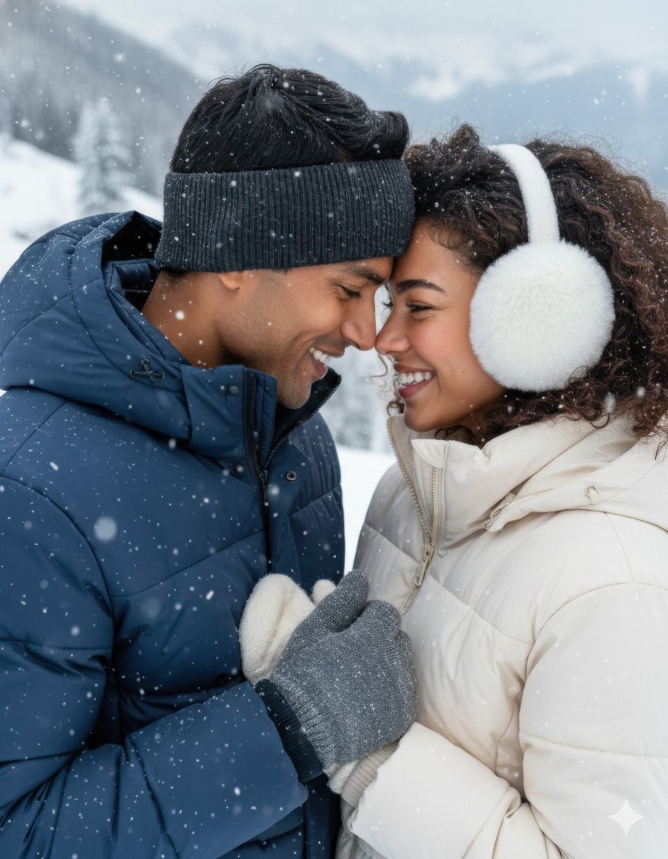 Romantic couple touching foreheads on frosted hillside in pastel winter daylight