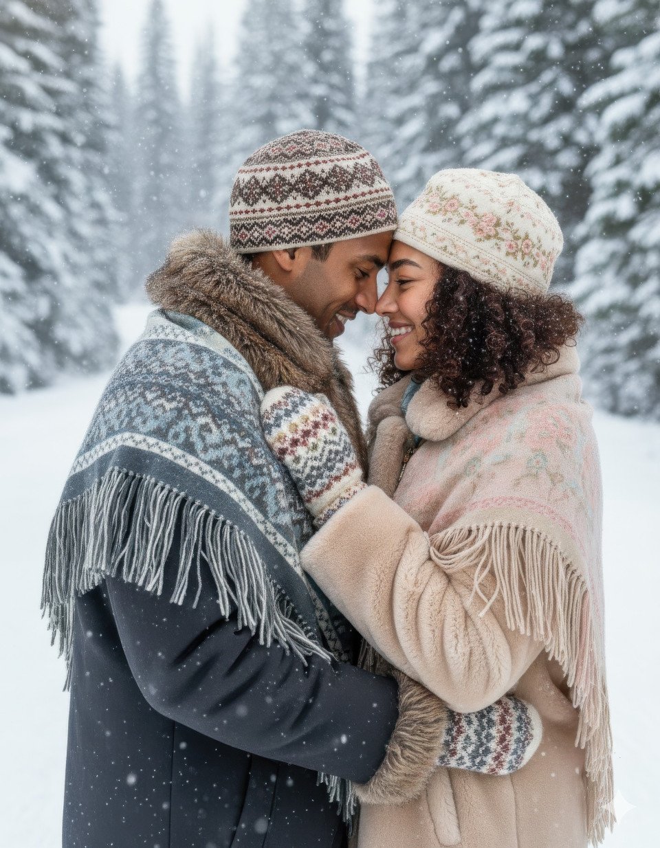 Whimsical couple embracing in snowy forest wearing nordic winter outfits