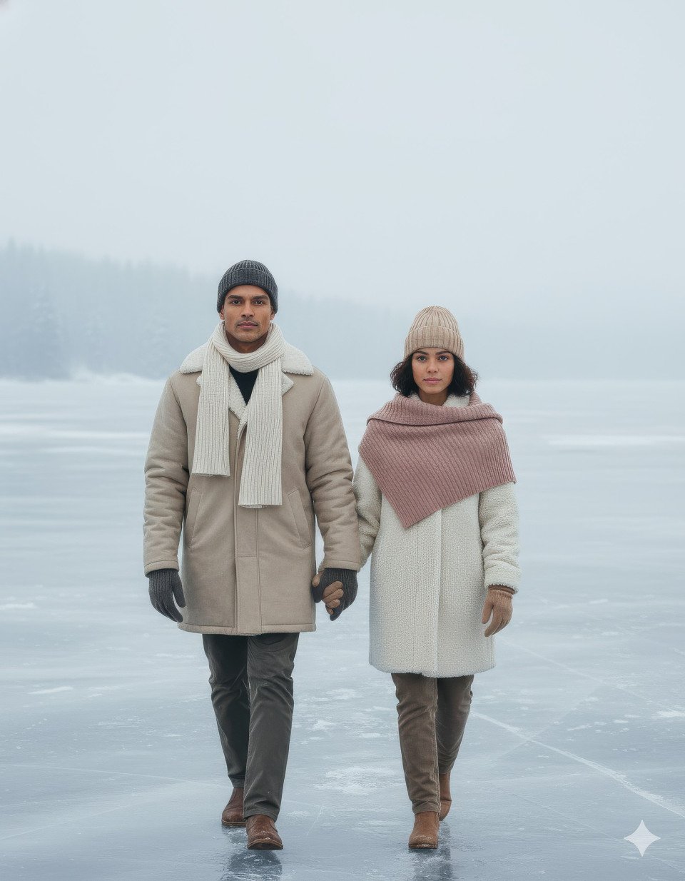 Artistic couple walking side by side on frozen lake in minimalist winter attire