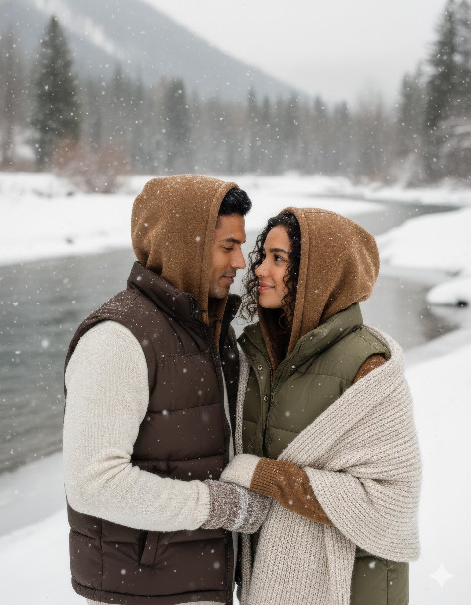Gentle couple whisper close beside frozen riverbank in warm winter tones