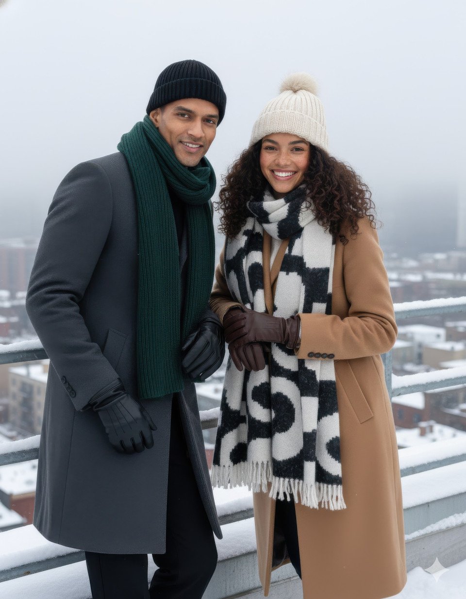 Modern stylish couple leaning on snowy rooftop railing in playful city pose