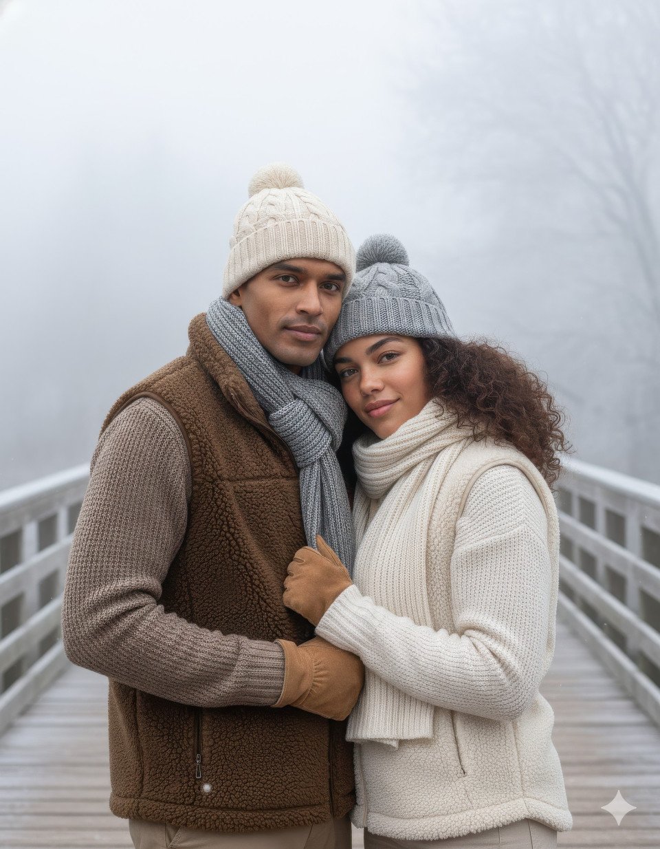 Classic couple leaning close on frosted wooden bridge in soft fog