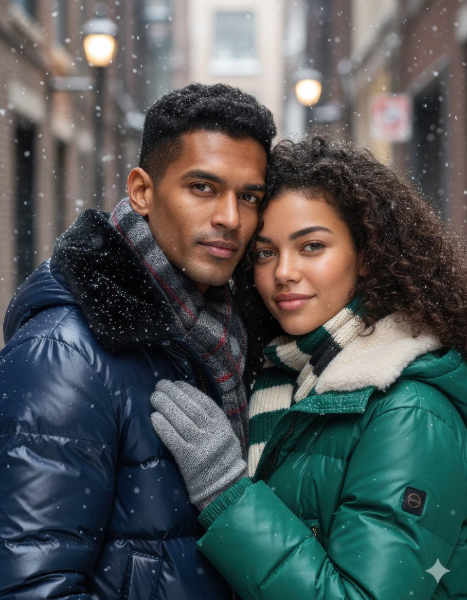 Stylish urban couple cheek to cheek in snow dusted alley