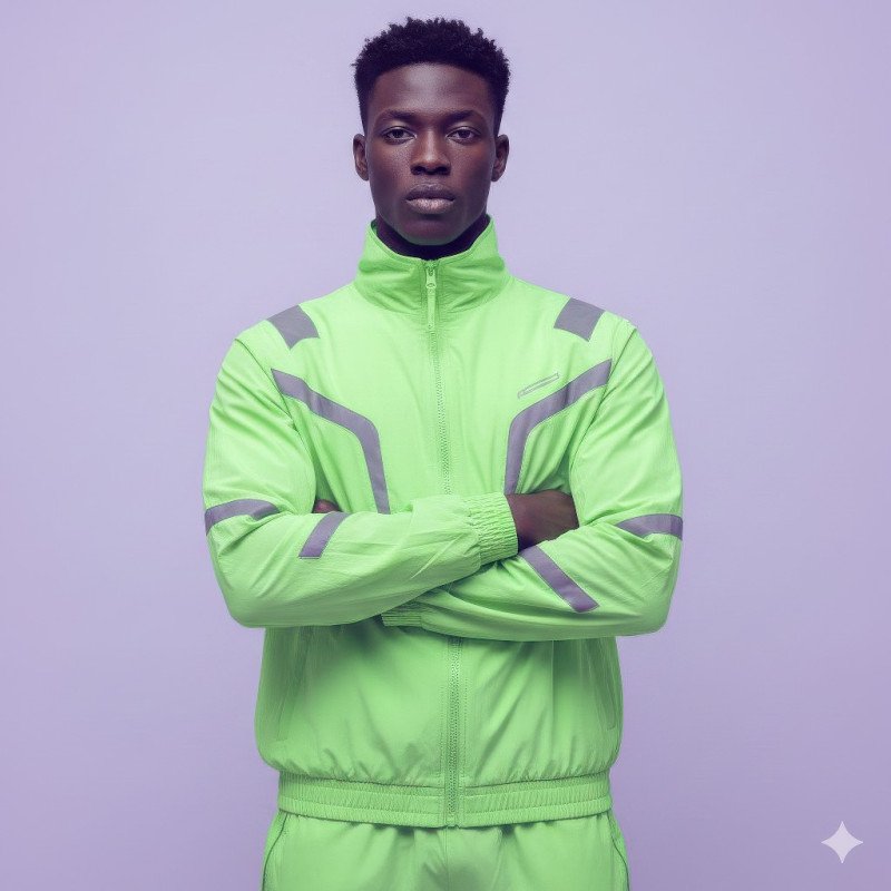 Afro caribbean man in neon track jacket on lilac pastel studio google gemini fashion product model prompt