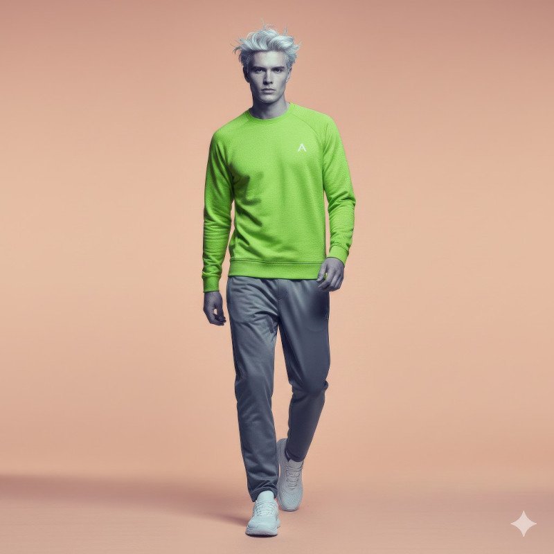 Scandinavian man walking in lime athletic sweatshirt on peach backdrop google gemini fashion product model prompt