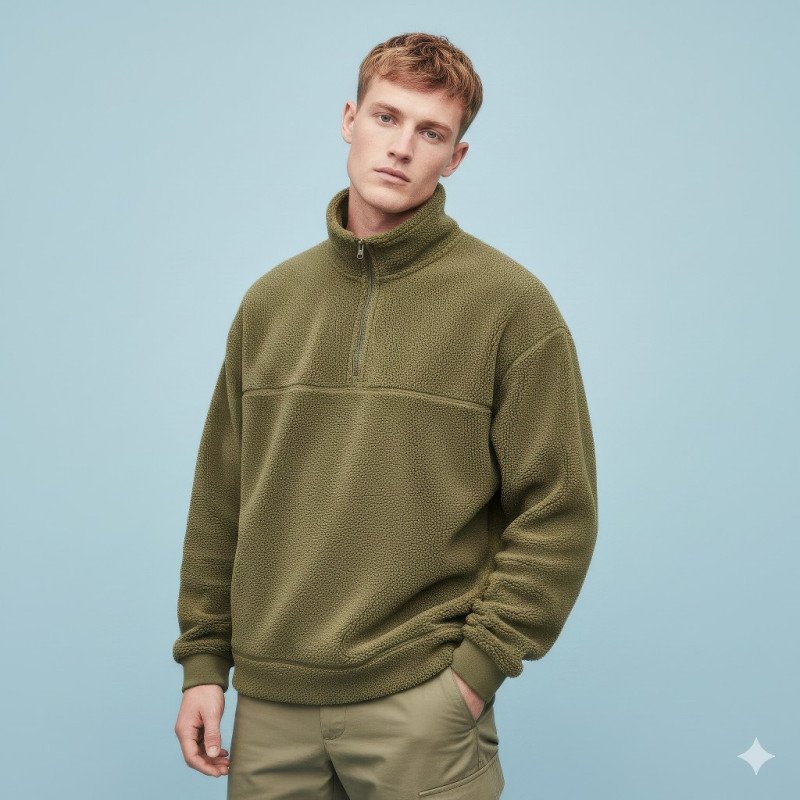 British man in olive fleece pullover on sky blue pastel background google gemini fashion product model prompt