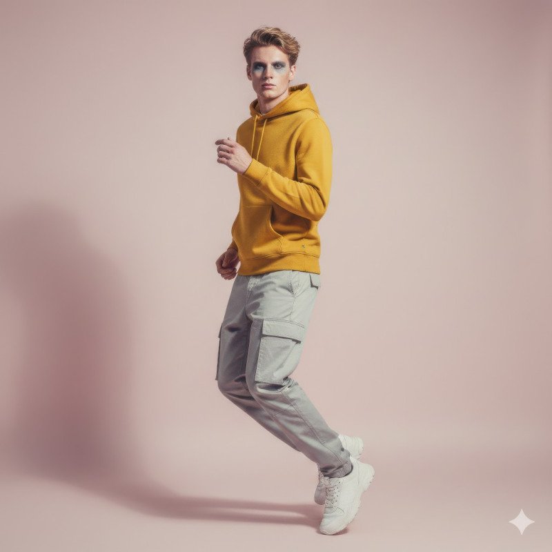 Scandinavian man in mustard hoodie mid stride on rose background google gemini fashion product model prompt