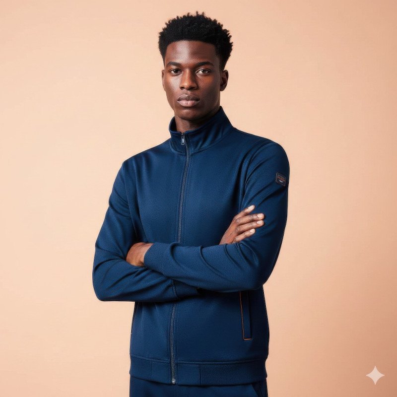 Nigerian man in navy zip jacket with confident arms crossed pose google gemini fashion product model prompt