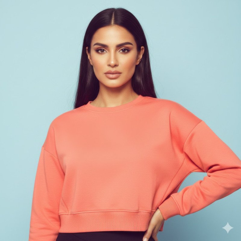 Middle eastern woman in coral cropped sweatshirt on pastel blue google gemini fashion product model prompt