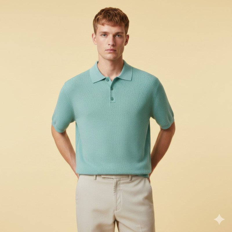 British man in pastel teal polo shirt on lemon background google gemini fashion product model prompt